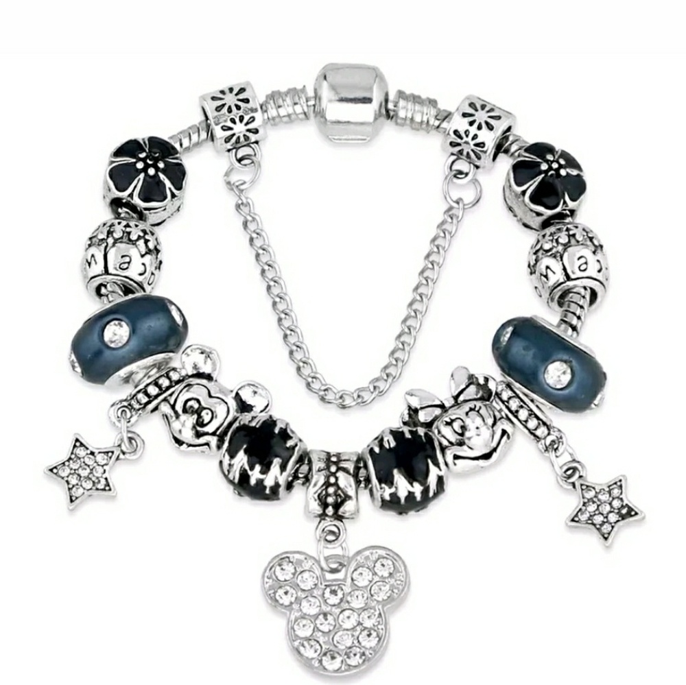 Black and Silver Mickey and Minnie Charm Bracelet
